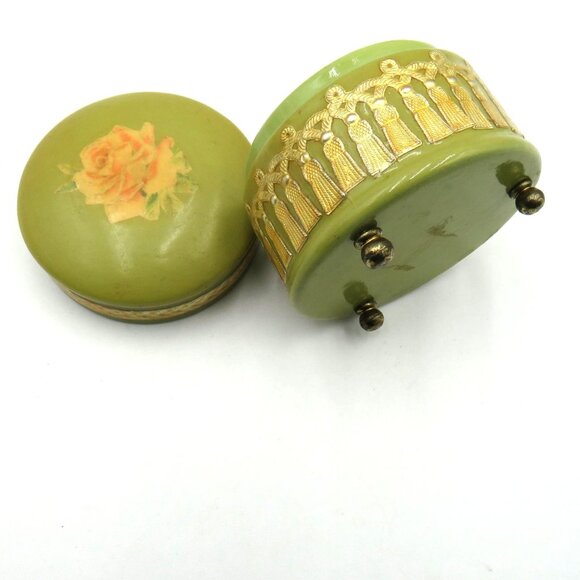 Vintage Trinket Box Green Decoupaged Yellow Rose Gold Detailing Velvet Lined - Picture 6 of 8